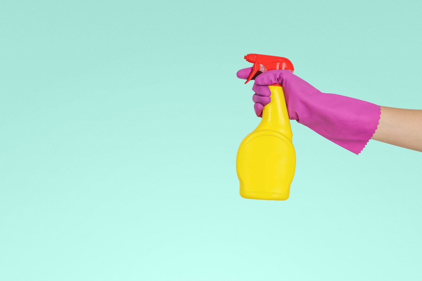 cleaning spray used with purple gloves